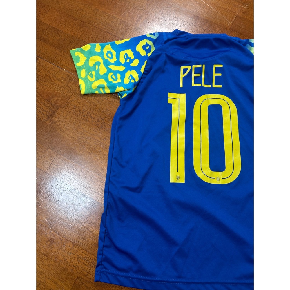 Brazil Soccer Jersey Youth 26 Blue Pele 10 Leopard Print Sleeves - Picture 9 of 11